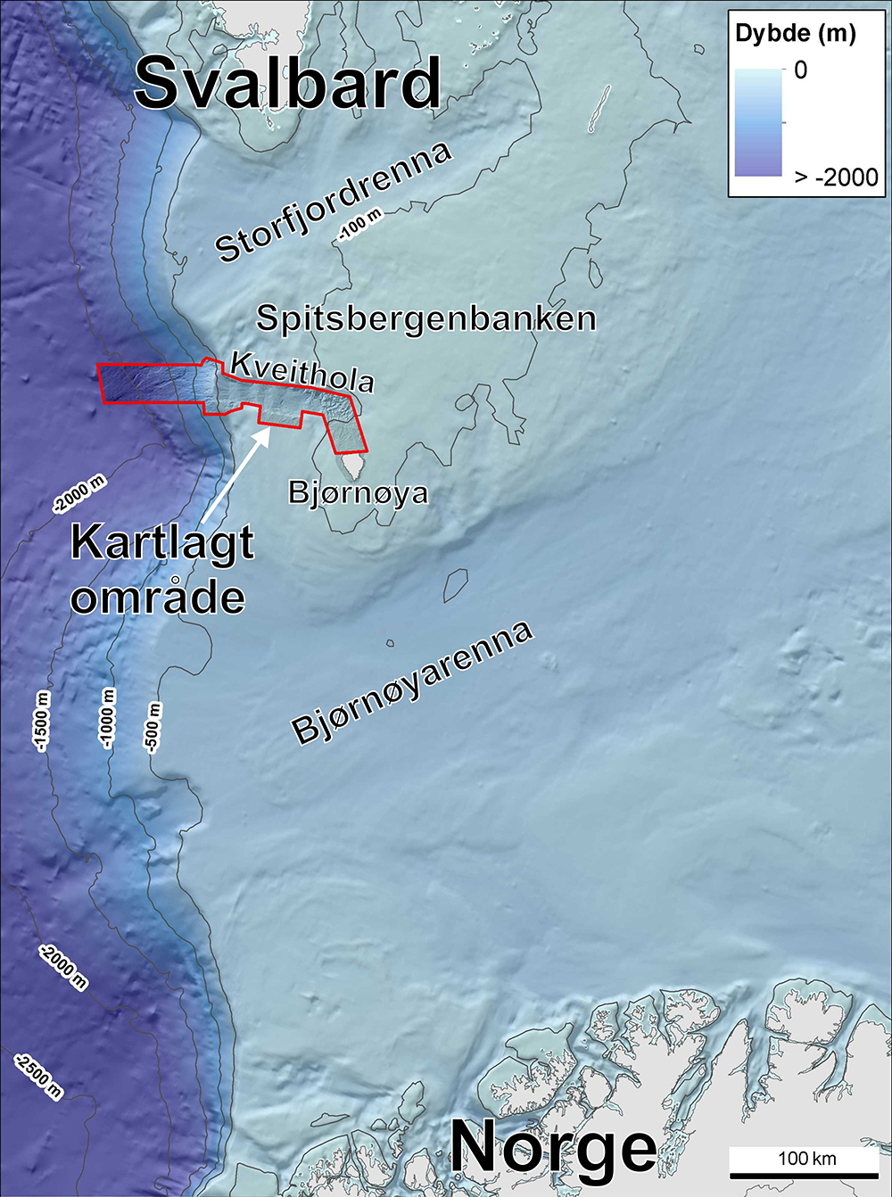 Figur 1. Figuren viser det kartlagte området i Kveithola og på kontinentalskråningen vest for Kveithola. Dybdedataene er samlet inn av Mareano og Universitetet i Tromsø, mens dybdedataene som dekker resten av kartet er fra EMODNET.