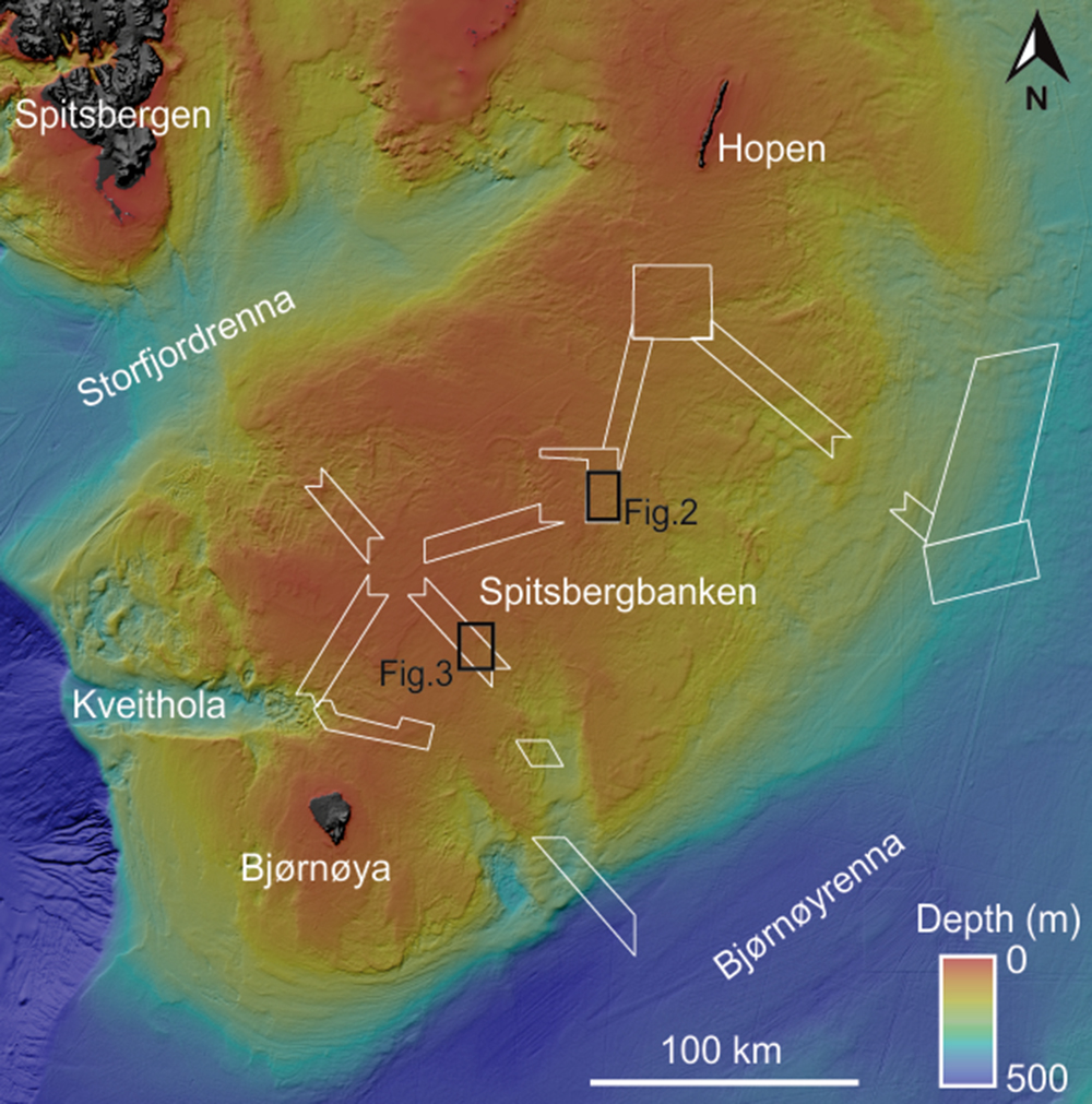 Figure 1: An overview map of Spitsbergenbanken. White boxes show the mapping locations for this year’s third Mareano cruise, in addition to the locations of figure 2 and 3.