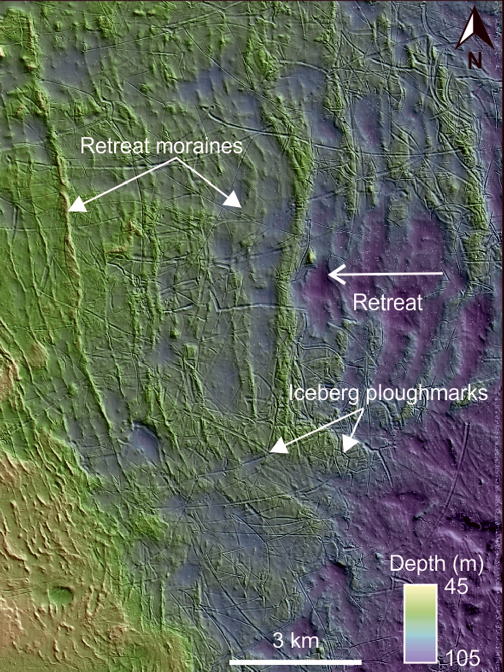 Figure 2: Shaded bathymetry map of a central area on Spitsbergenbanken showing retreat moraines and iceberg ploughmarks. White arrow indicates the direction of ice front retreat. In this area of the bank, the moraine ridges are oriented north to south, indicating that the ice front retreated towards west. The iceberg ploughmarks show no preferred orientation. 