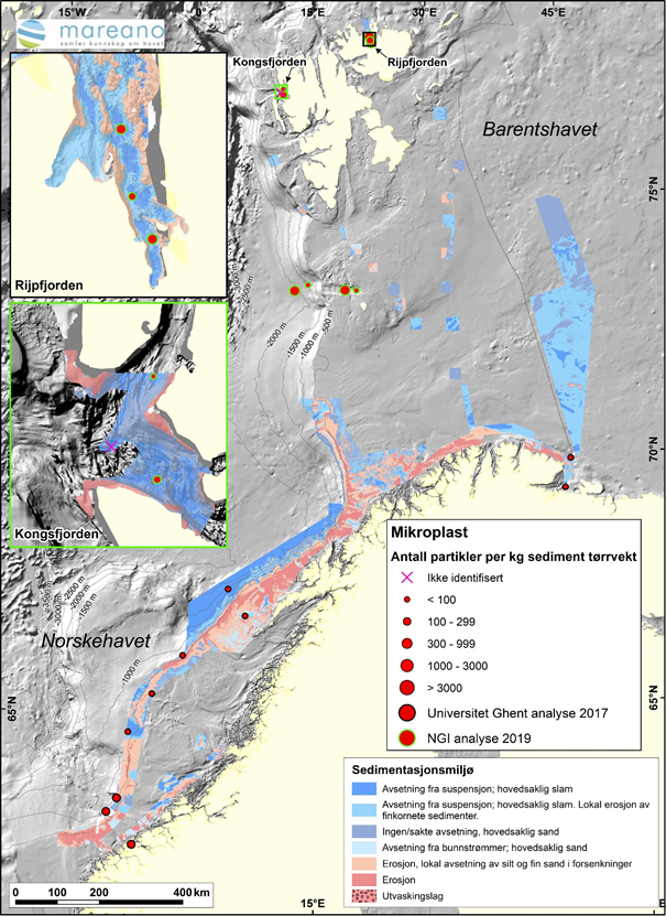 Mikroplast i bunnsedimenter i Norskehavet, Barentshavet og rundt Svalbard. Kilde: MAREANO