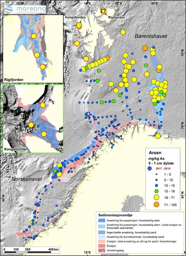 Arseninnhold i bunnsedimenter i Norskehavet, Barentshavet og rundt Svalbard. Kilde: MAREANO