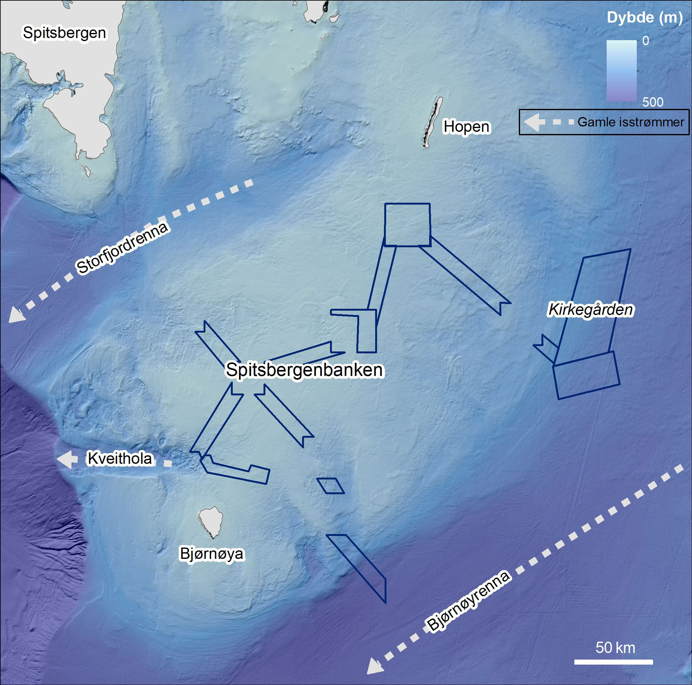 Bildet av en terrengmodell som viser hvordan havbunnen ser ut. Områdene som skal kartlegges er markert, og plasseringen a vKirkegården og Spitsbergenbanken er vist.