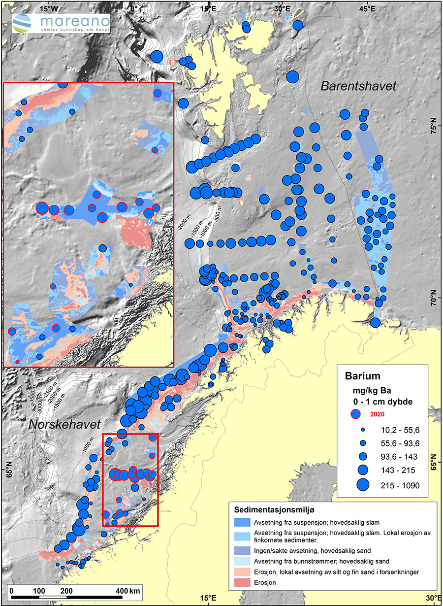 Kart over barium (Ba) i overflatesedimenter sør i Norskehavet.