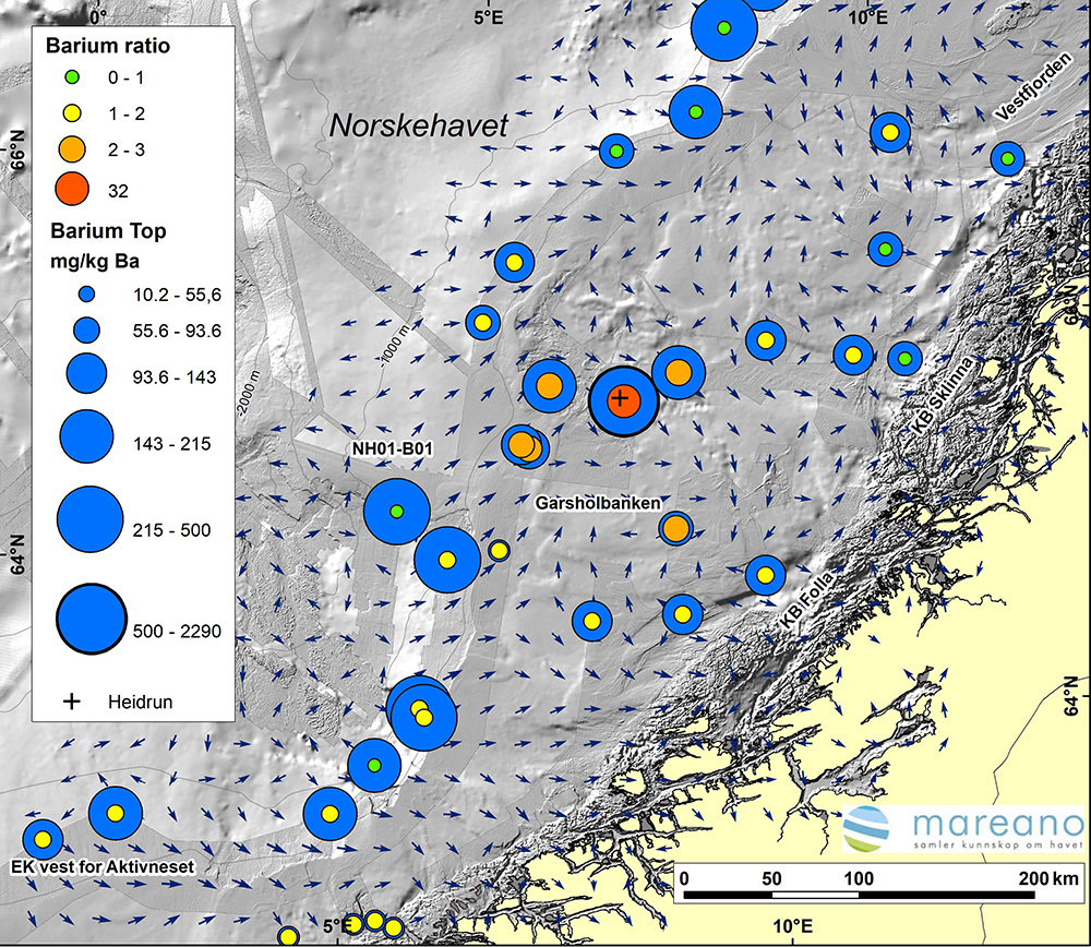 Figur med Ba-ratio topp/bunn i sedimentkjerner