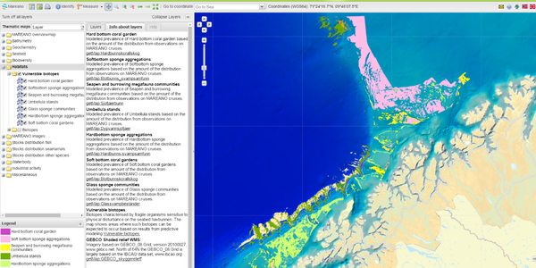 Map showing the vulnerable biotopes mapped by MAREANO (IMR) to date