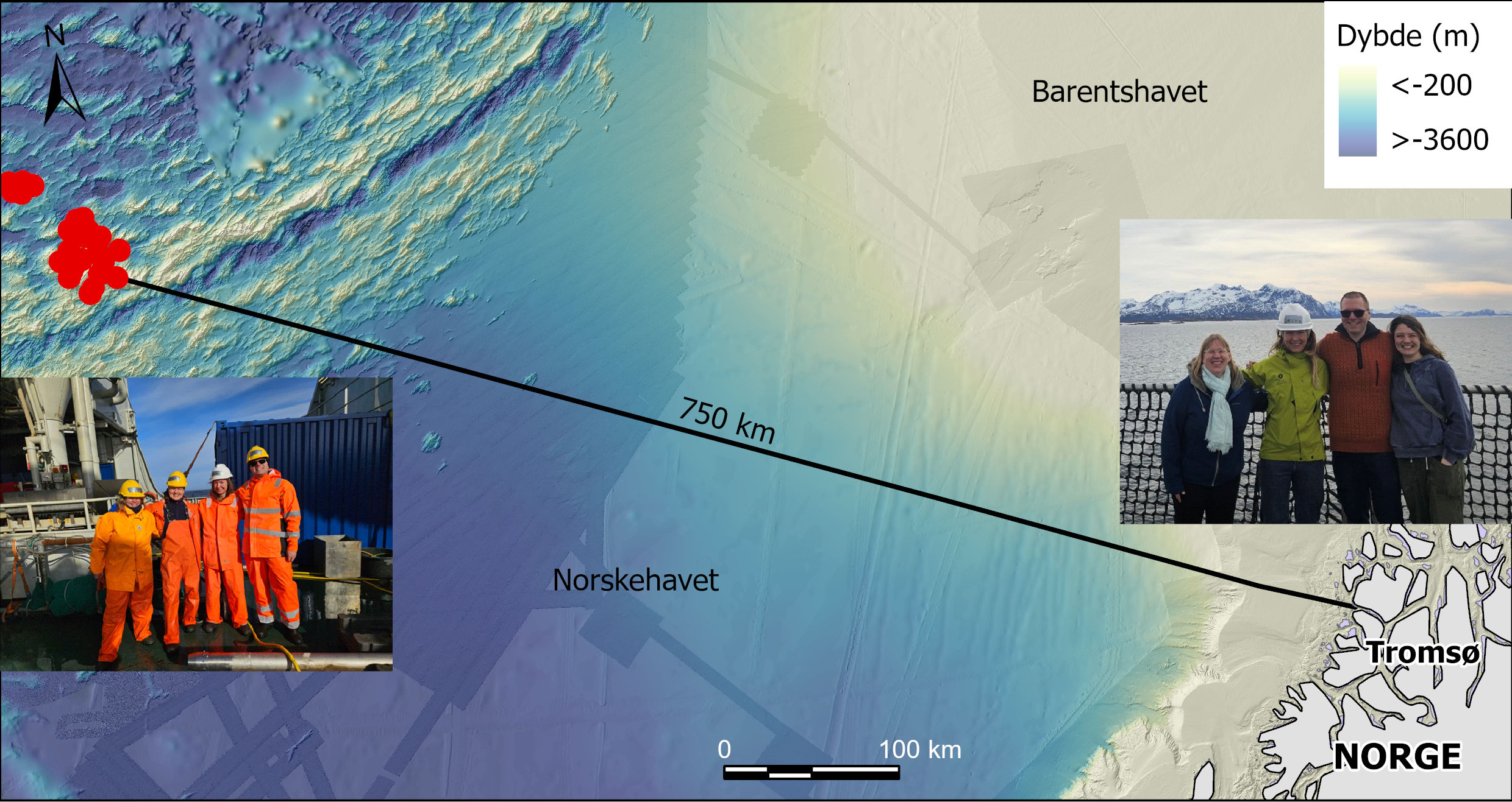 Et kart viser reiserute fra Tromsø til Midthavsryggen. To bilder av smilende mannskap er også satt inn.