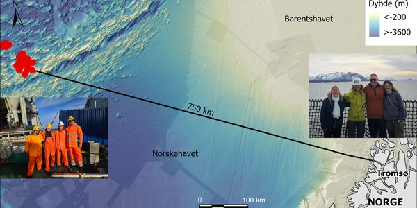 Et kart viser reiserute fra Tromsø til Midthavsryggen. To bilder av smilende mannskap er også satt inn.