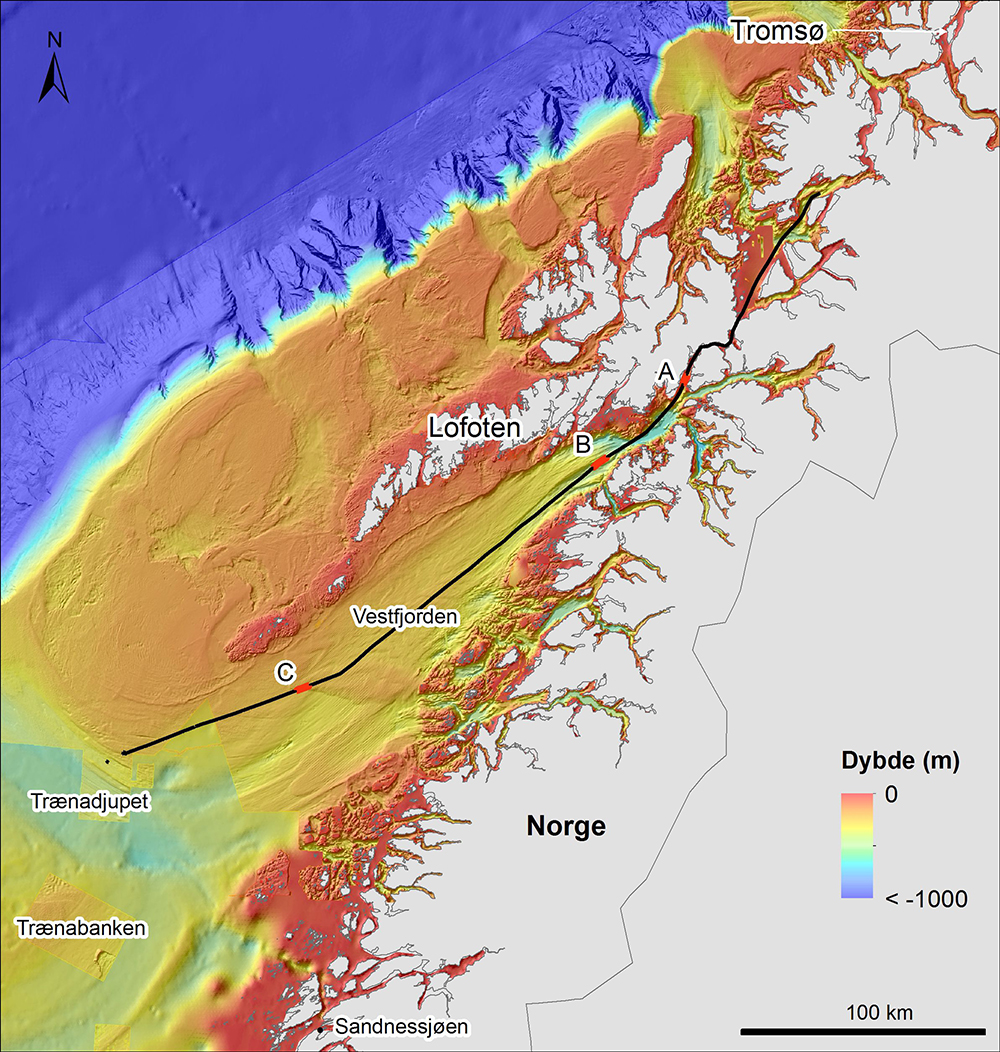 Seilingsruten fra Tromsø til Trænadjupet. Kartet har 200 meters grid og høy oppløsning. Dybdedata er samlet inn av Kartverket. Bakgrunn: GEBCO dybdedata.