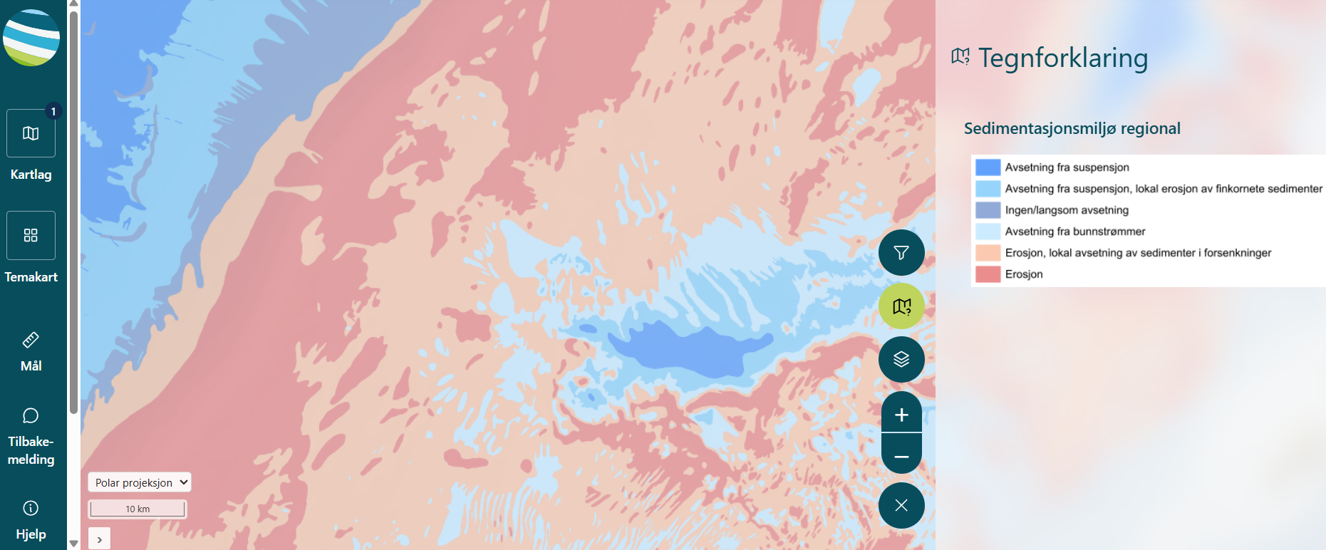 Skjermbilde av kartet over sedimentasjonsmiljø hvor man ser mye erosjon i Nord-Norge. 