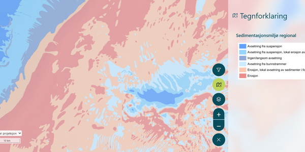 Skjermbilde av kartet over sedimentasjonsmiljø hvor man ser mye erosjon i Nord-Norge. 