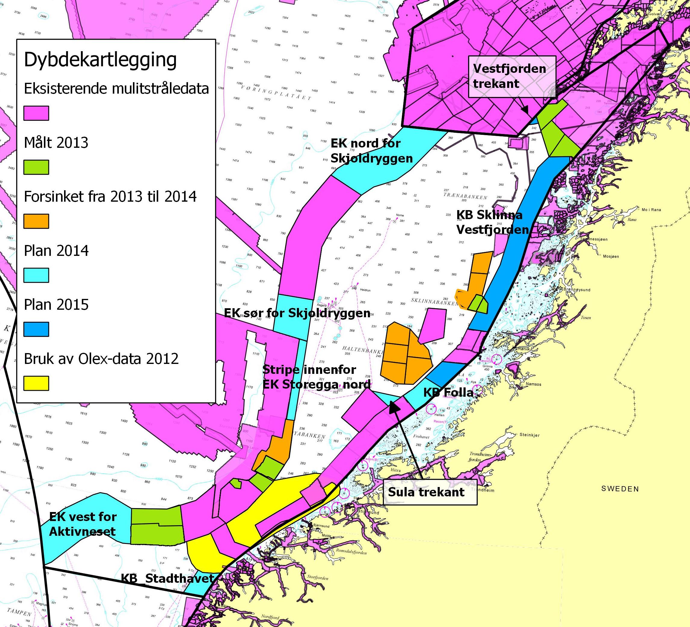 Oversiktskart fra MAREANO sin aktivitetsplan for 2014 som blant annet viser de områdene på midtnorsk sokkel som dybdekartlegges i 2014. Illustrasjon.