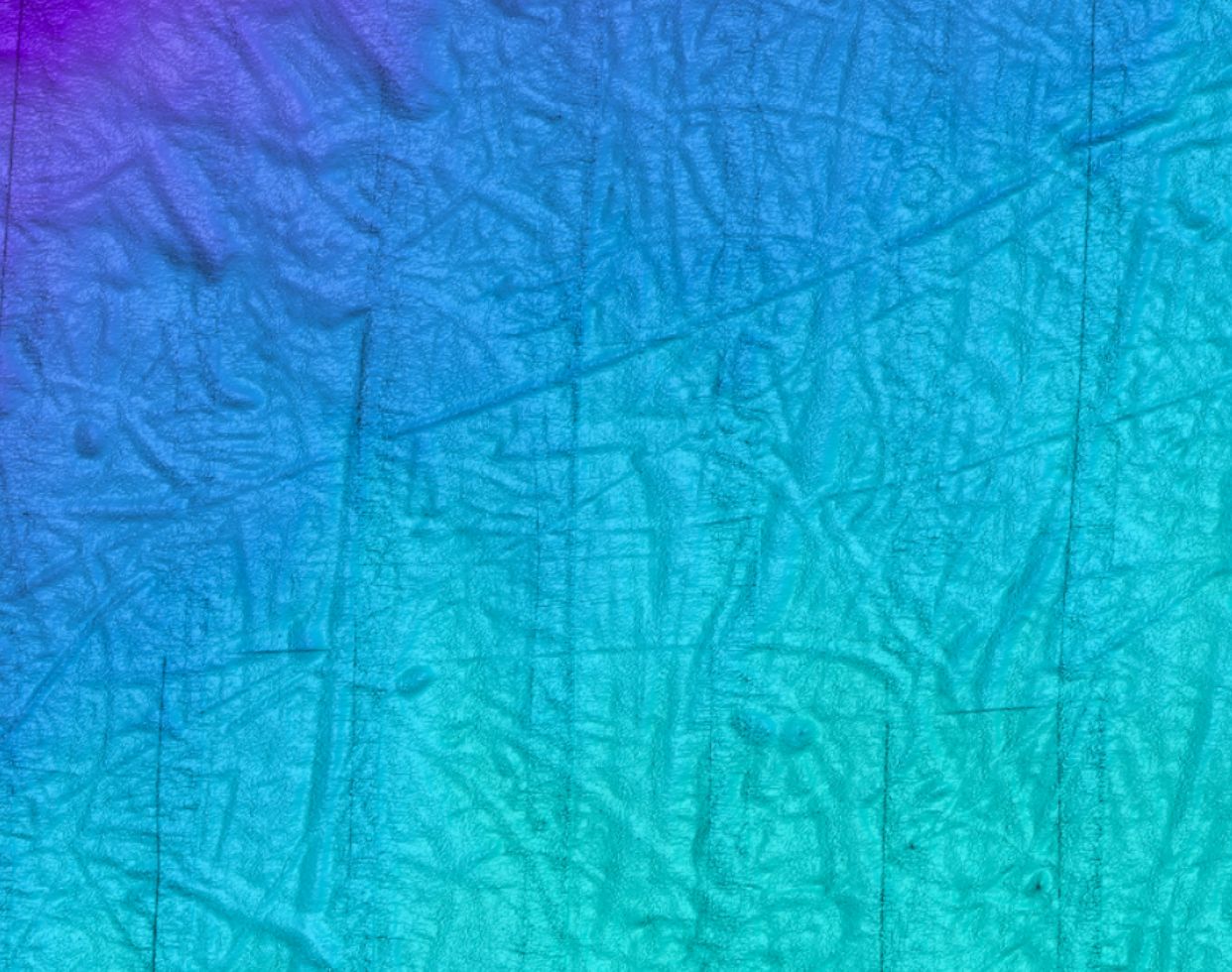 Utsnitt av blått skyggerelieff av deler av havbunnsterrenget på eggakanten vest for Aktivneset. Foto.
