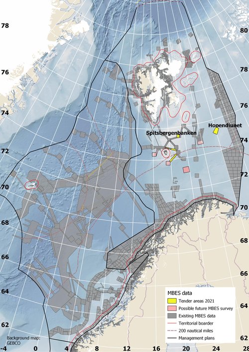 Kartutsnitt av Barentshavet hvor områder som Mareano-programmet planlegger å dybdekartlegge i 2021, er markert. Kilde: Kartverket/Mareano