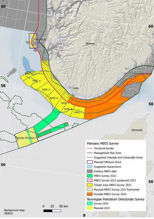 Map showing the lower part of Norway draped with a terrain model. Boxes in different colours marks areas in the North Sea where MAREANO plans, and already has, conducted bathymetric mapping.