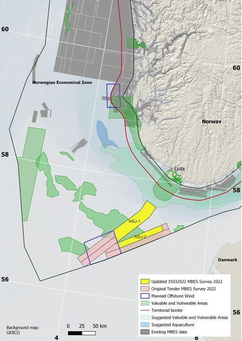 Kart som viser område i Nordsjøen kor Mareano skal djupnekartlegge i 2022. Området er merka med gule bokser.