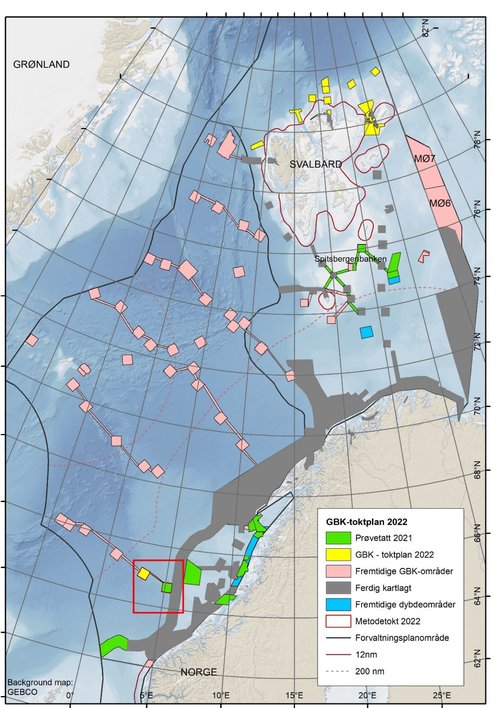 Kart som viser plan for geo-, bio-, kjemi-innsamling 2022 - ved Svalbard og metodetokt i Norskehavet.