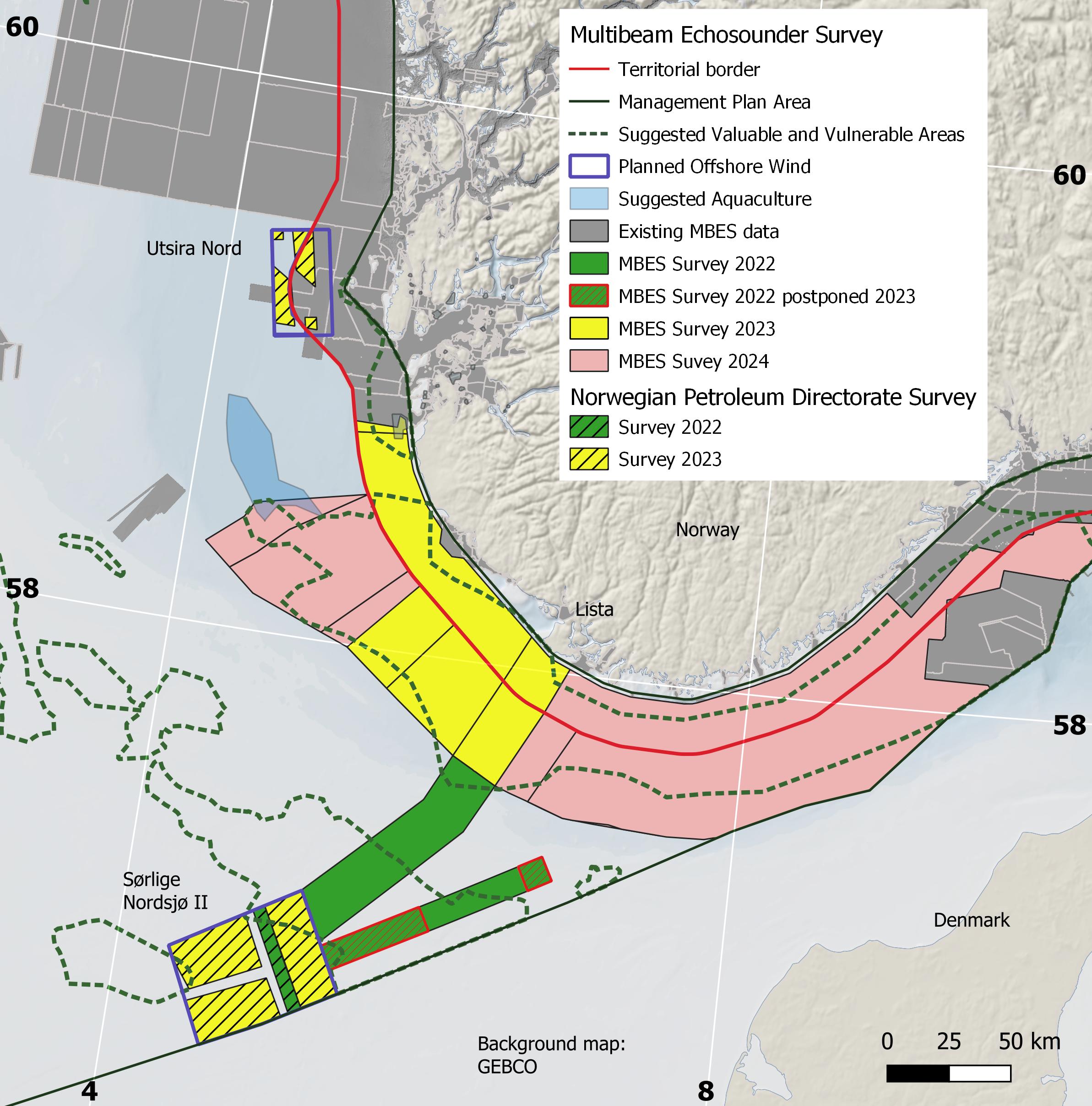 Map with coloured boxes marking areas in the Norwegian Trench in the North Sea where the MAREANO programme plans to conduct bathymetric mapping.