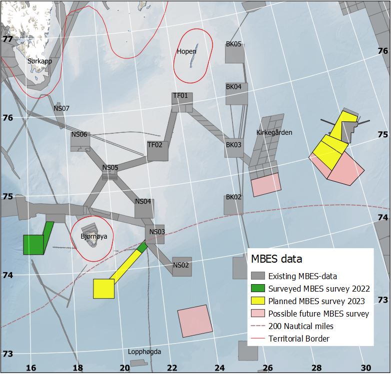 Map with coloured boxes marking areas in the Barents Sea where the MAREANO programme plans to conduct/has conducted bathymetric mapping.