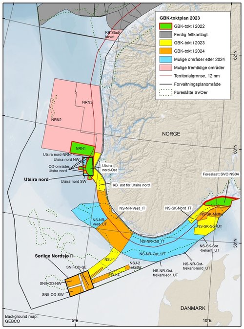 Kart som viser planlagt geo-, bio-, kjemi-kartlegging i Nordsjøen i 2023