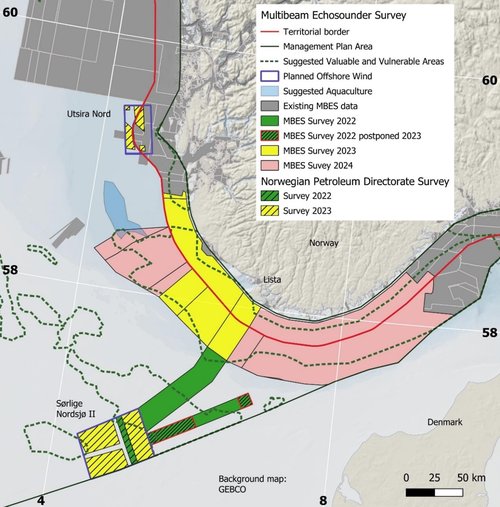 Utsnitt av kart som viser status og planlagt og mulig framtidig dybdekartlegging i Nordsjøen.