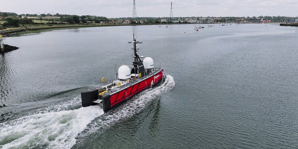 USV sailing towards a harbour.