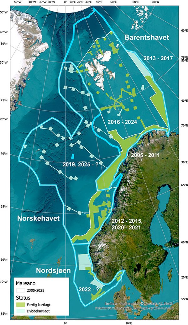 Kart som viser Norge og havområdene i sør, vest og nord. I havområdene er kartlagte områder markert.