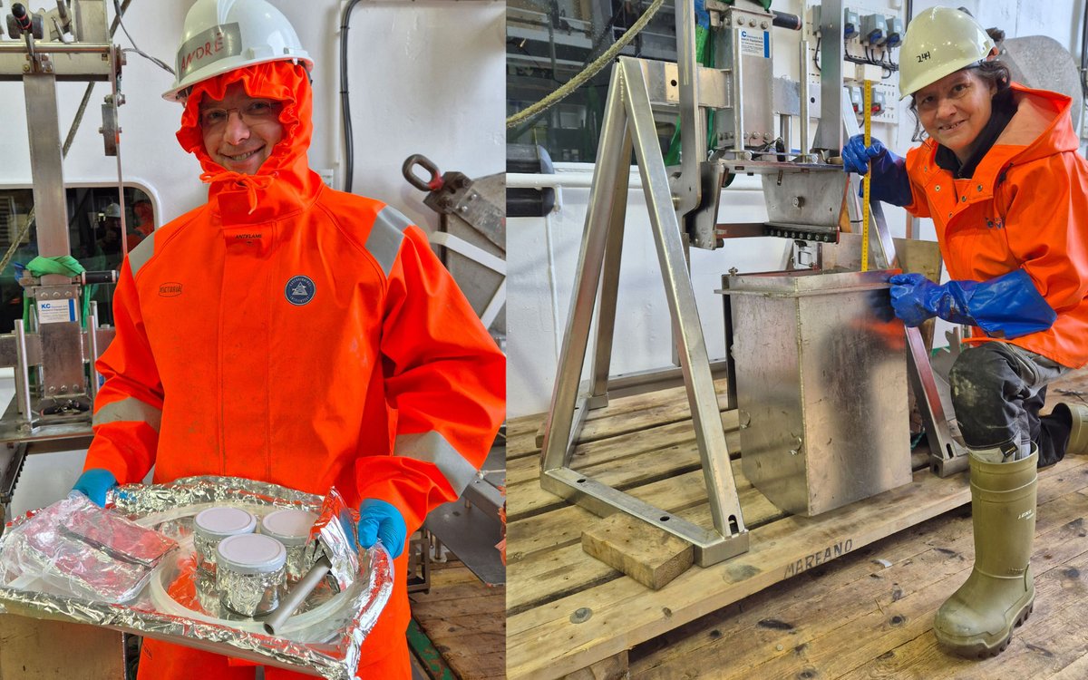 Sammensatt foto. Det høyre viser en mann som holder en plate med ulike innpakkete prøver på. Det venster viser en kvinne som undersøker innhold i en metallbeholder.