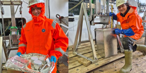 Sammensatt foto. Det høyre viser en mann som holder en plate med ulike innpakkete prøver på. Det venster viser en kvinne som undersøker innhold i en metallbeholder.