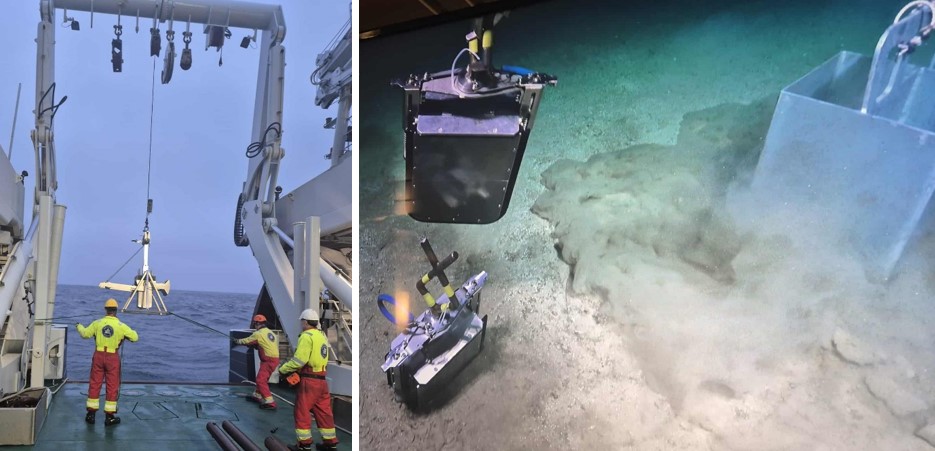 Sammensatt av to bilder. Venstre bilde viser at utstyret heises på utsiden av skipet, tre personer står på dekk og styrer prosessen. Det andre bildet viser utstyret på bunnen. Det er en støvsky rundt det.
