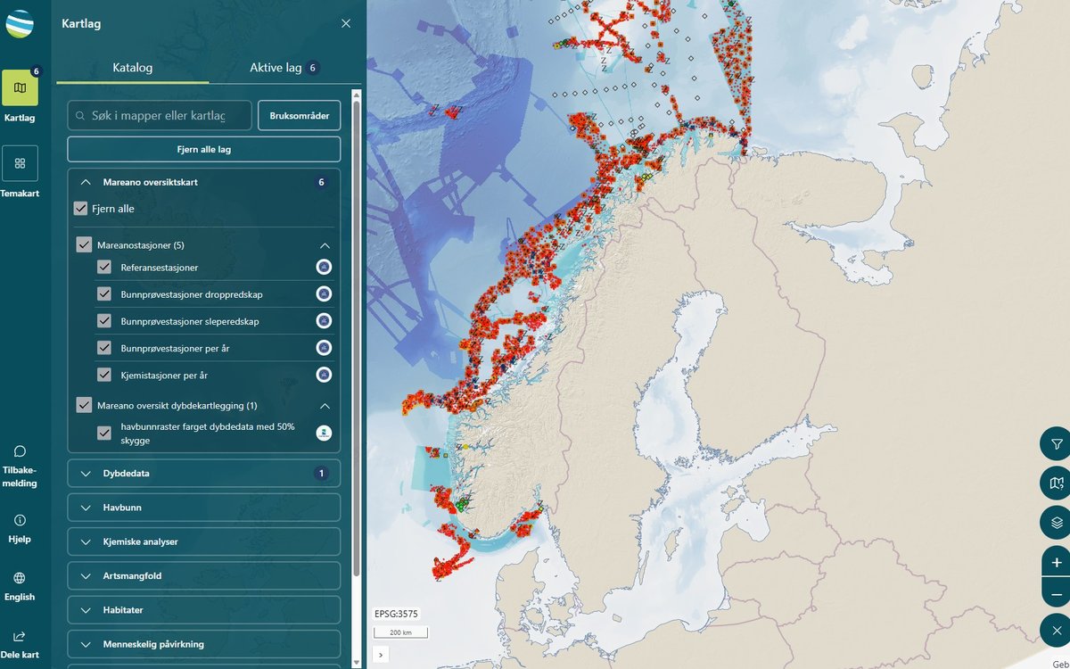Et oversiktsbilde av den nye kartløsningen. Til venstre i bildet er en meny der du kan gjøre ulike valg og til høyre et oversiktskart over Norge og havområdene.