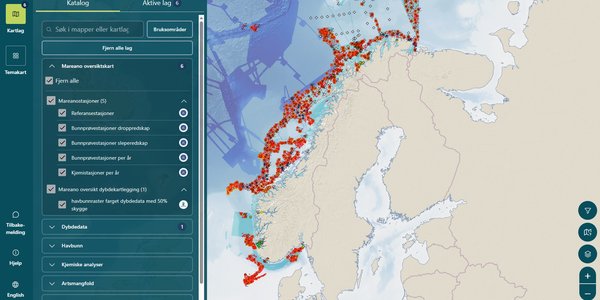 Et oversiktsbilde av den nye kartløsningen. Til venstre i bildet er en meny der du kan gjøre ulike valg og til høyre et oversiktskart over Norge og havområdene.