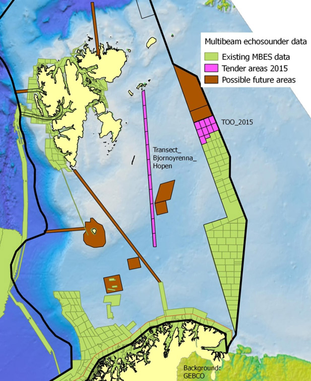 Figure: Overview of the survey area (pink) in the Barents Sea in 2015.