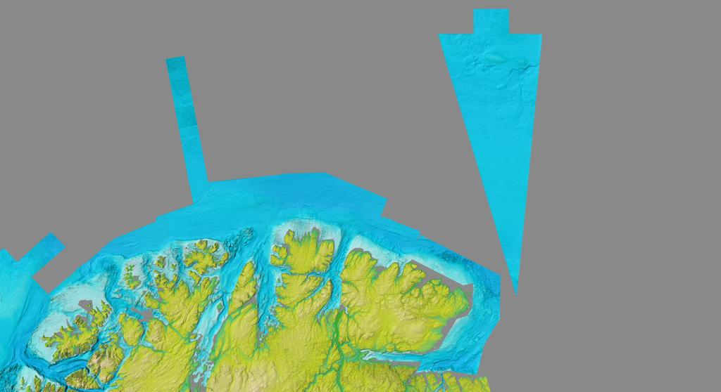 Figur 1: Skyggerelieff av havbunnen i blåskala. Den sørlige delen (ca 9500 km²) av tidligere omstridt område langs grensen mot Russland er ferdig dybdekartlagt, og resultatene er tilgjengelige.