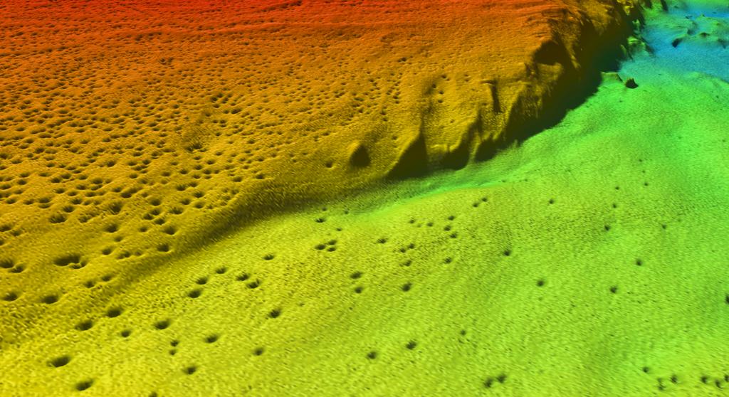 FFigur 3: Skyggerelieff av havbunnen. Dybde cirka 320 meter. Mye pockmarks i venstre del av bilde. Terrengmodellen har 5 meter oppløsning.