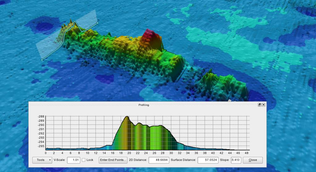 rFigur 4: Vrak på cirka 300 meters dyp er synlig i skyggerelieff av havbunnen i tidligere omstridt område.  Vraket er cirka 15 meter bredt og cirka 130 meter langt. Terrengmodellen har 0,25 meters oppløsning.