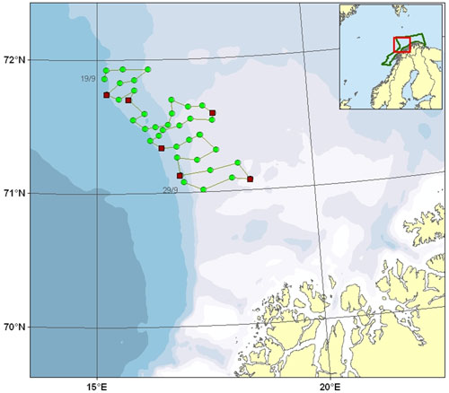 This map shows the locations investigated during the first leg of the Mareano 2009 autumn cruise.