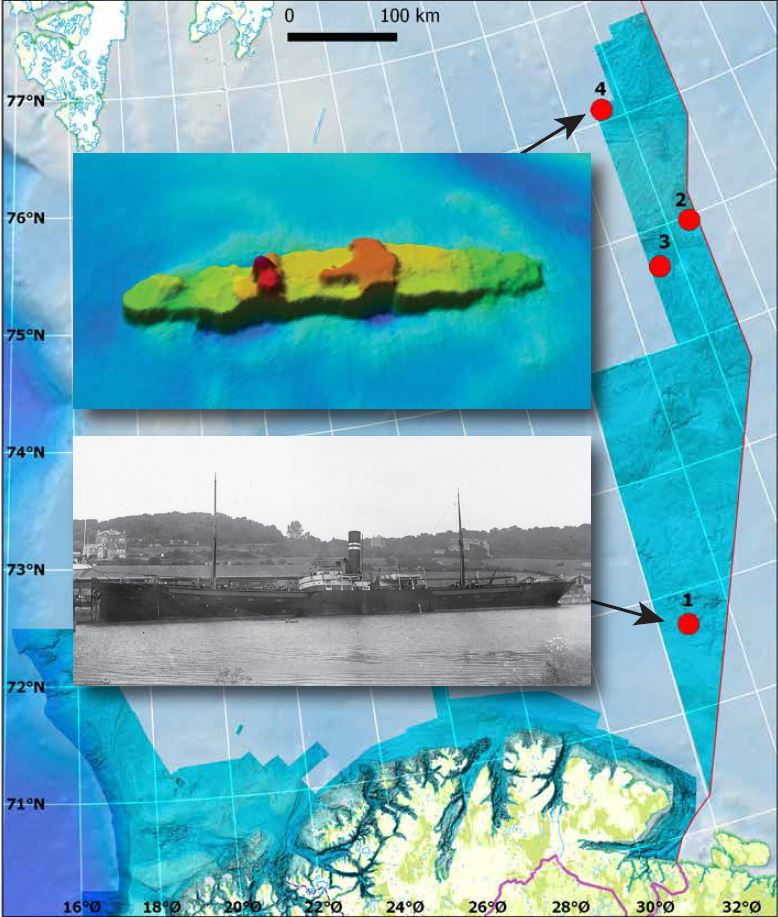 illustrasjon av vrakenes beliggenhet i Barentshavet