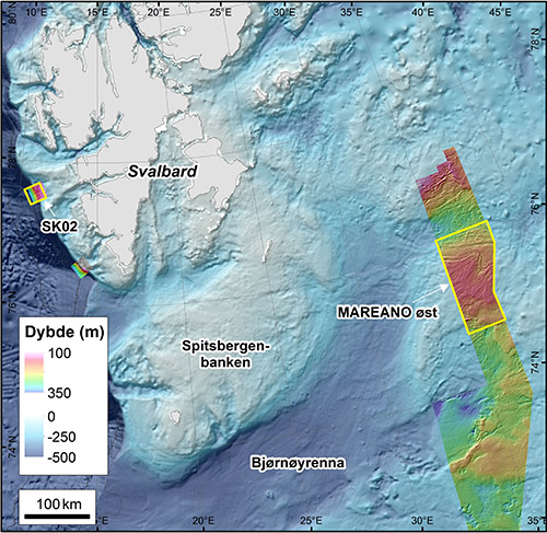 Figur 1. Kartleggingsområdene, inkludert boks SK02 vest for Svalbard og MAREANO Øst-området langs delelinja mot Russland.